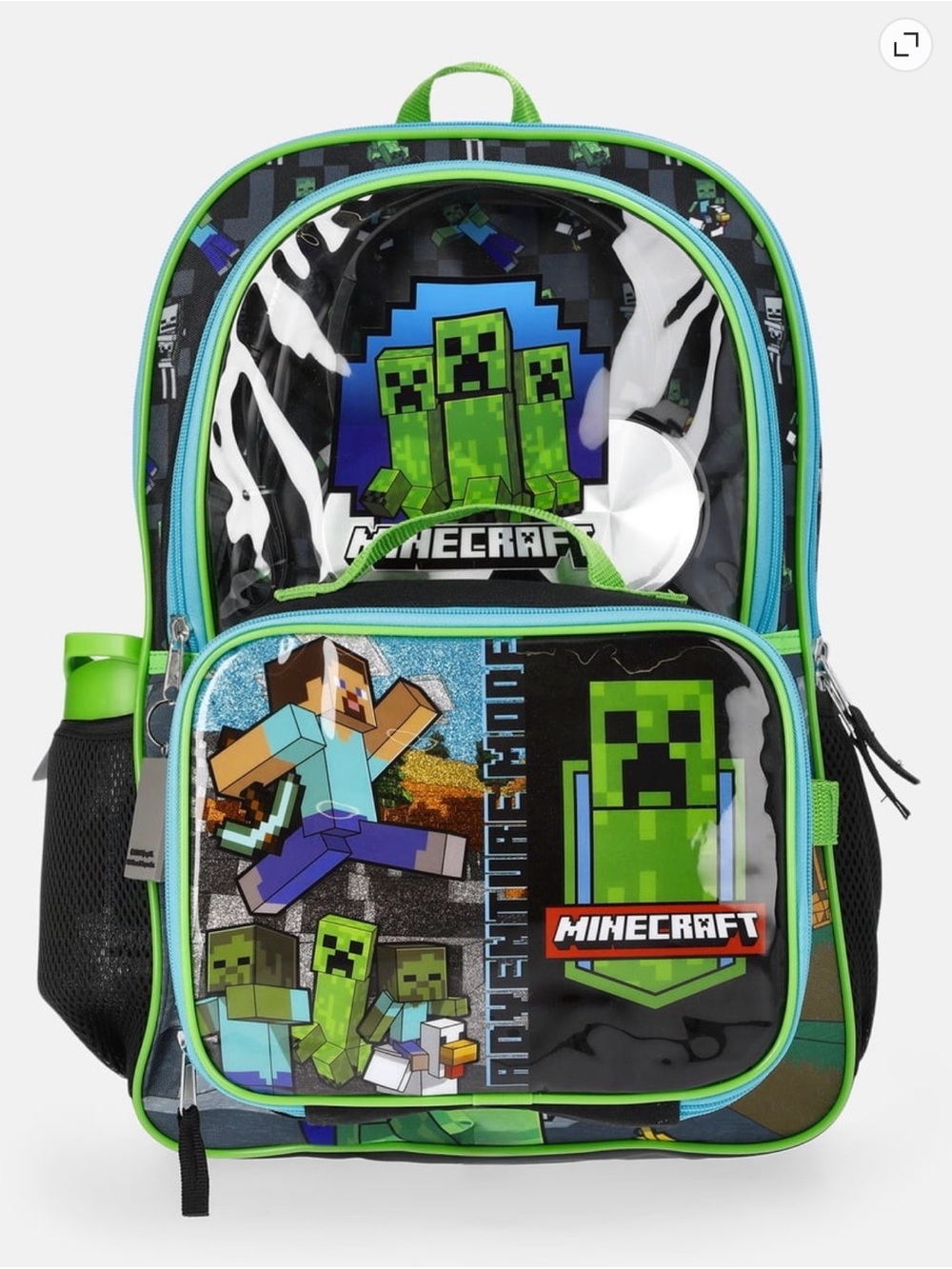 Minecraft Mode Green Backpack set with headphones, lunch box and water bottle